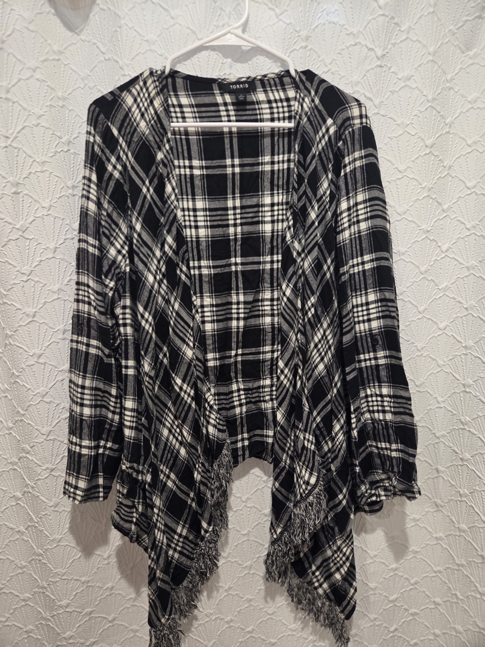 Torrid Black and White Plaid Fringe Open-Front Cardigan